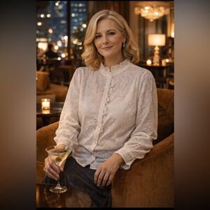 Ultra Pink NWT Elegant White Cotton Eyelet Lace Blouse size L.